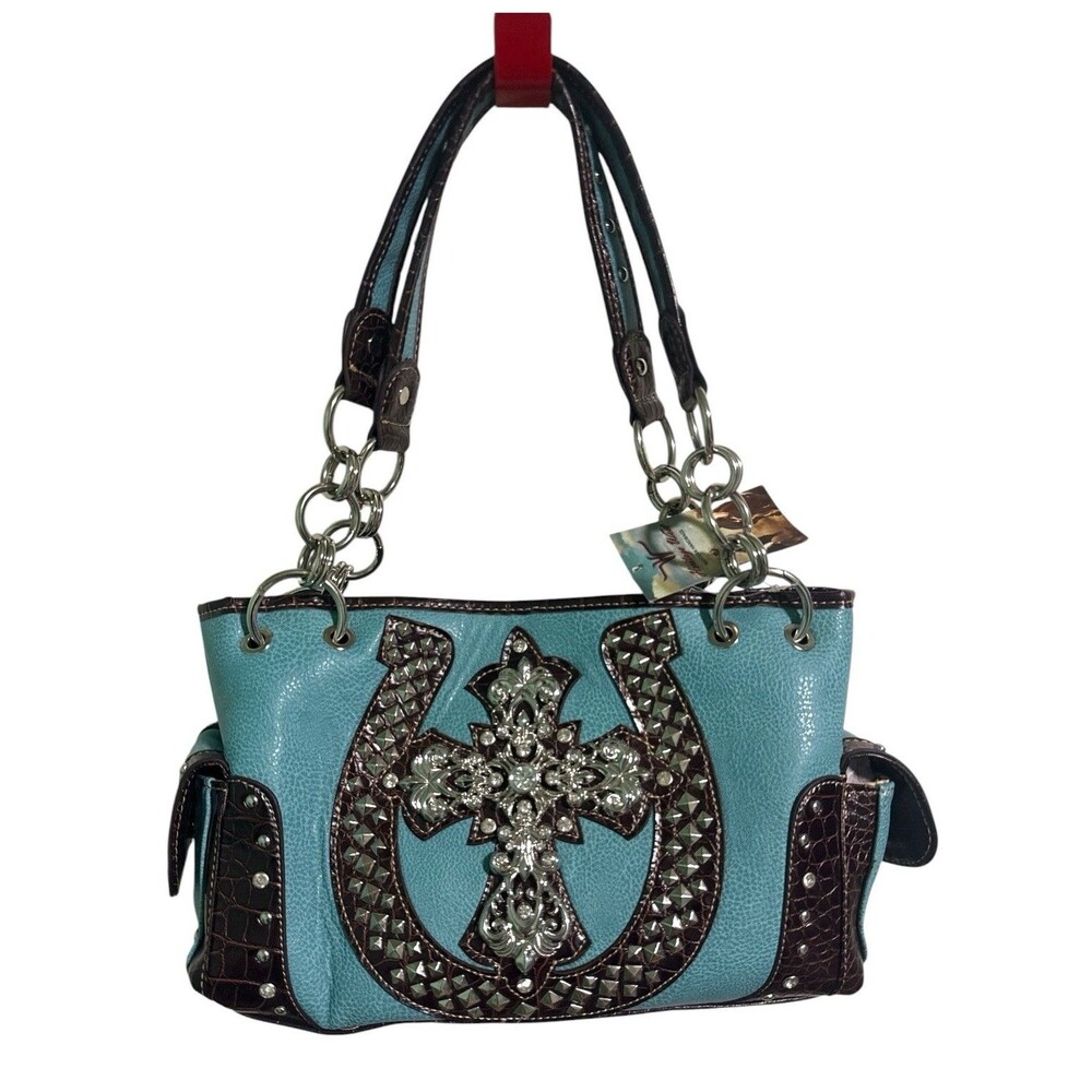 Heritage West Western Fleur-de-Lis Cross Turquoise Studded Shoulder Bag NWT